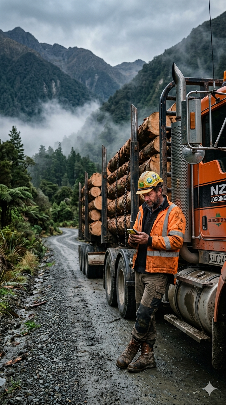 A worker beside a truck in the forest checking GeoMarqr on his phone